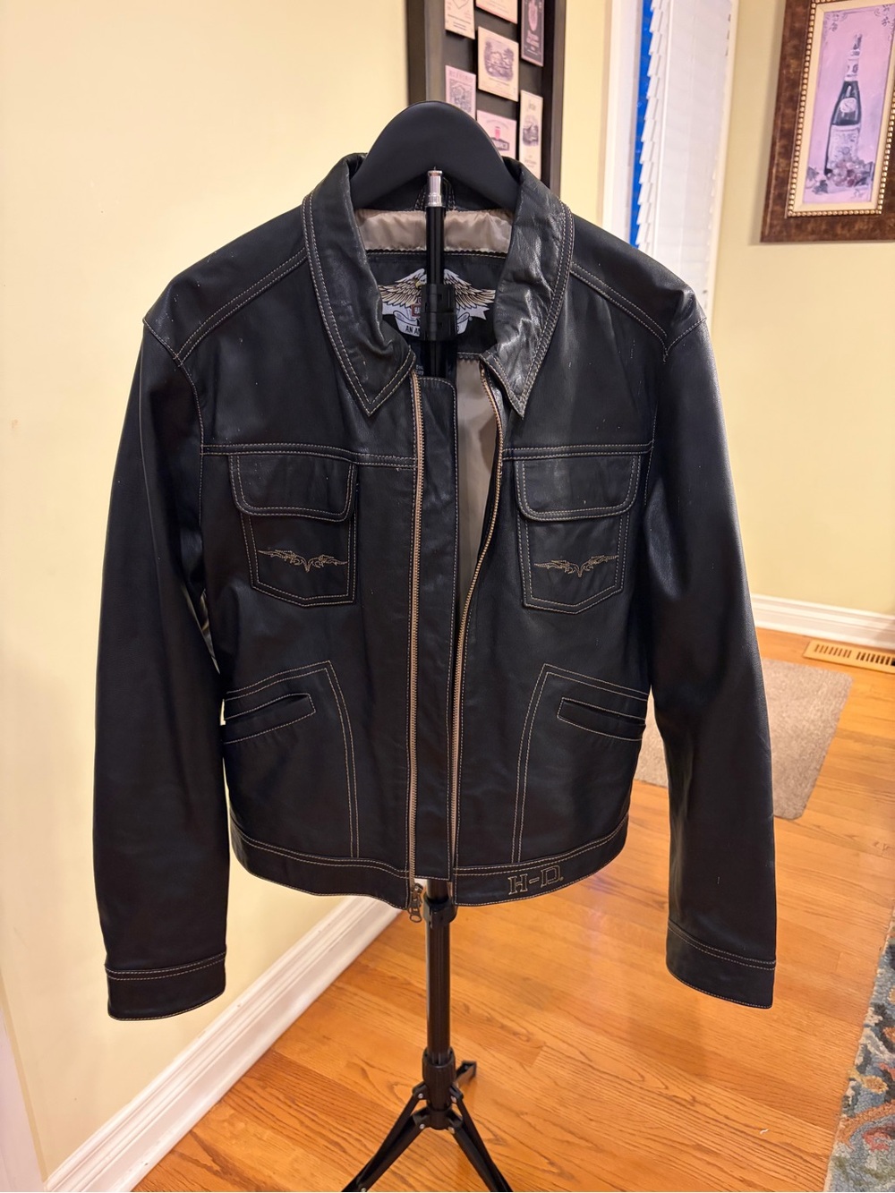 Harley-Davidson Black Leather Bomber Jacket with Contrast Stitching